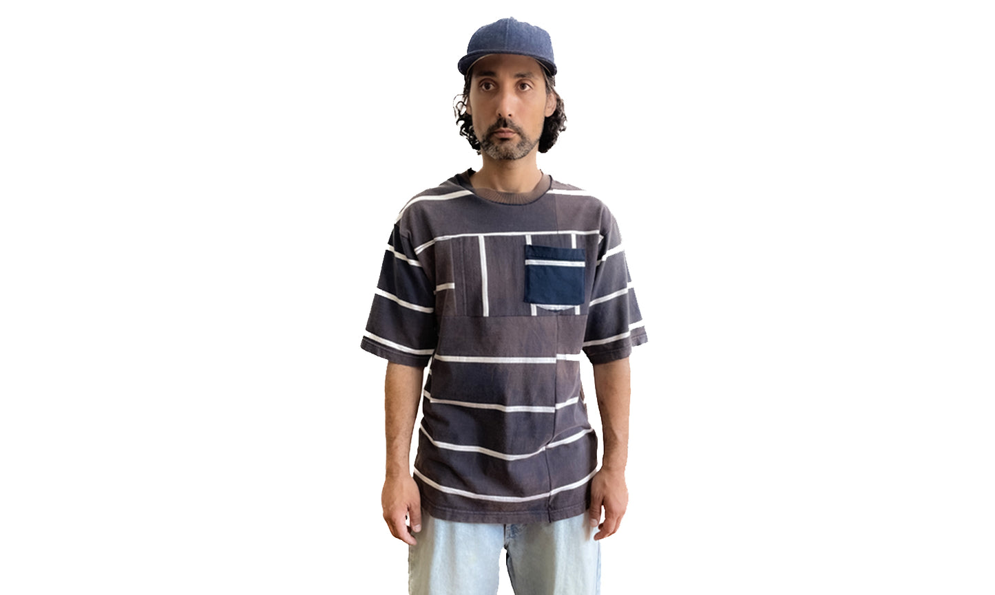 T-SHIRT À POCHE H-1 PATCHWORK À RAYURES USED