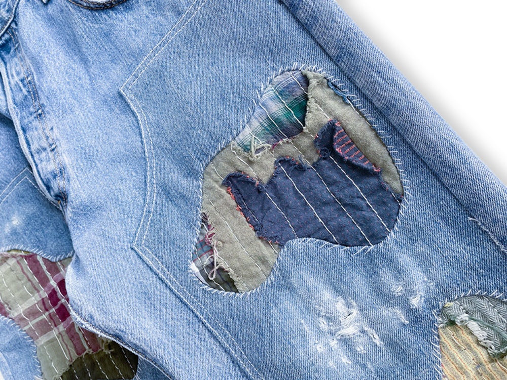 Boro Repaired Denim Pants - Blue StoneWash